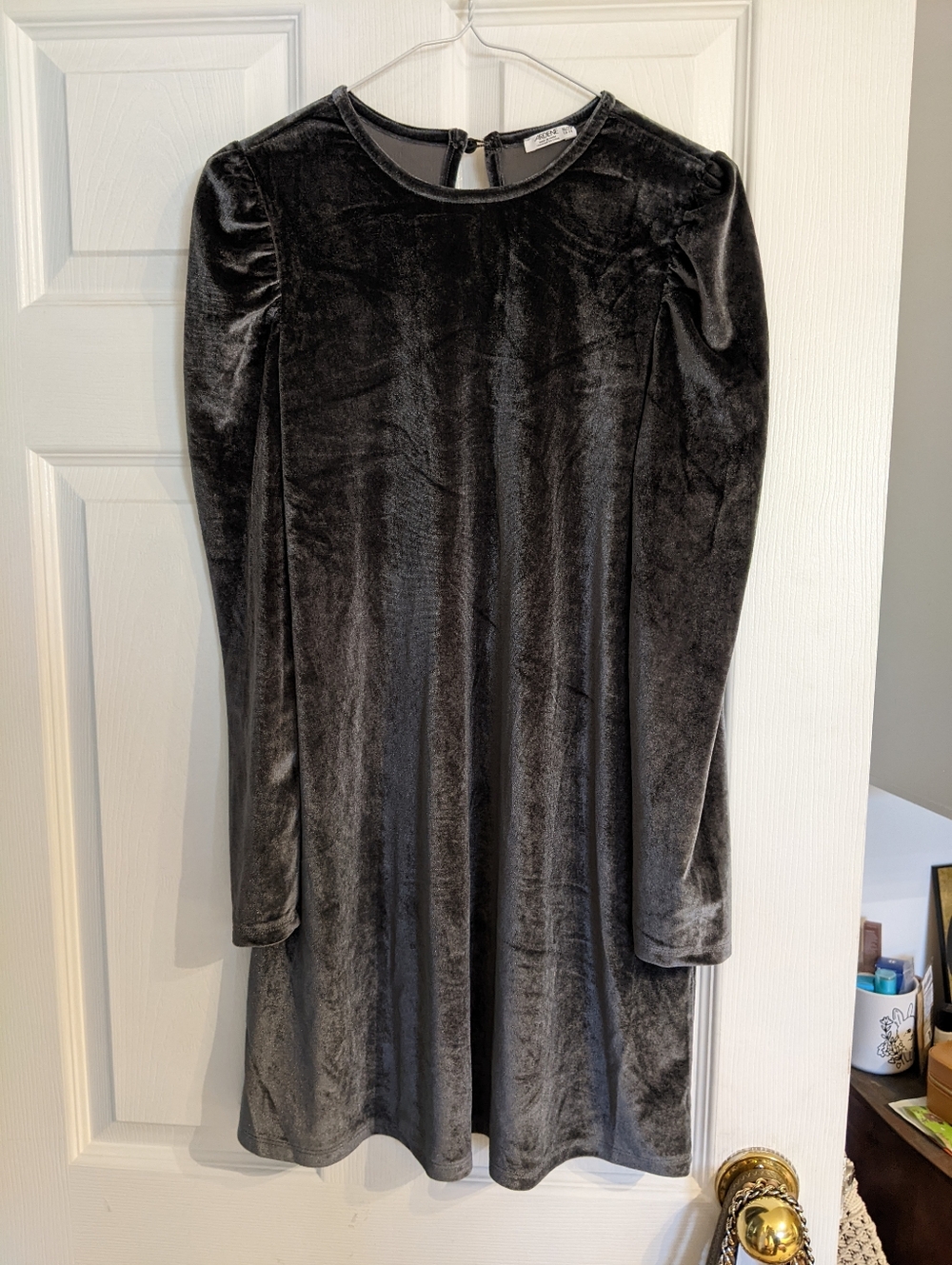 Girls' Velvet Long-Sleeve A-Line Dress - Charcoal Gray